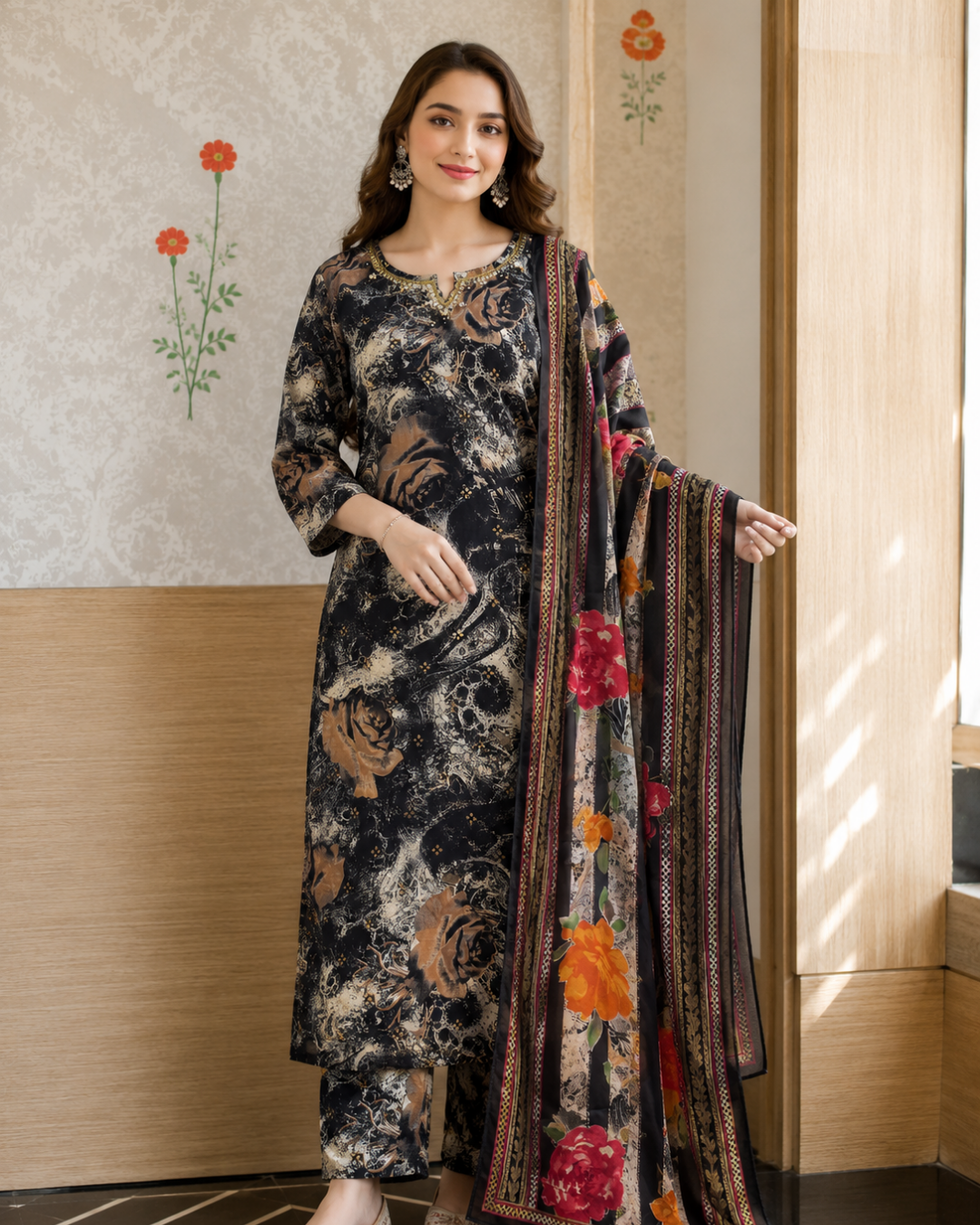 Charcoal Black Abstract Rose Print Cotton Suit Set