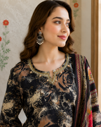 Charcoal Black Abstract Rose Print Cotton Suit Set