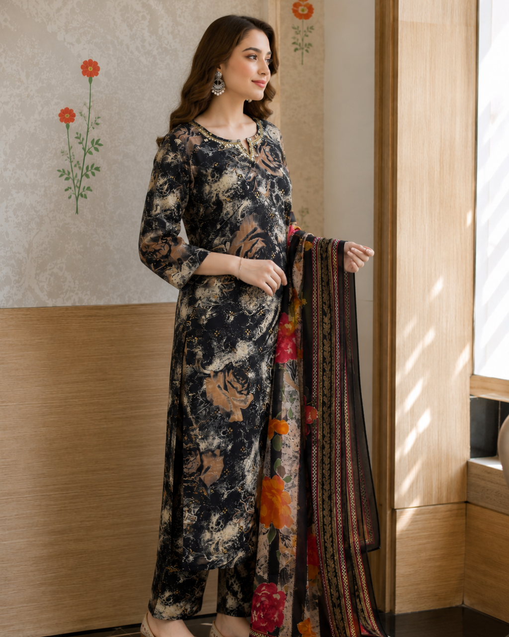 Charcoal Black Abstract Rose Print Cotton Suit Set