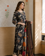 Charcoal Black Abstract Rose Print Cotton Suit Set