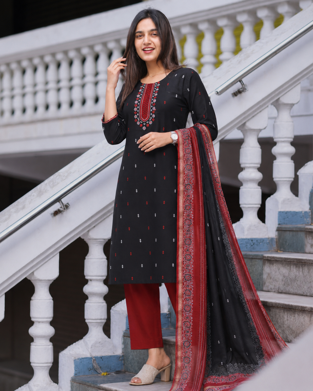 Black Handcrafted South Cotton Suit Set