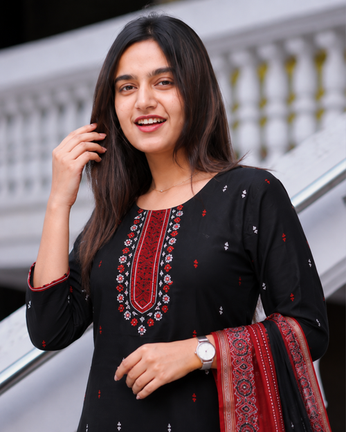 Black Handcrafted South Cotton Suit Set