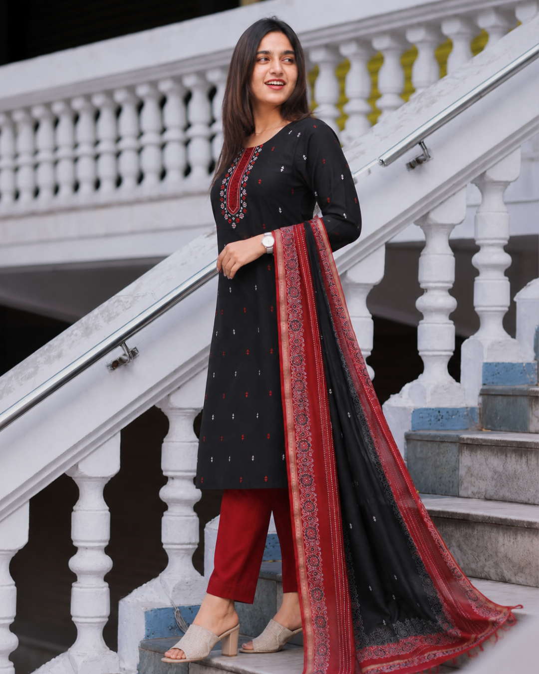 Black Handcrafted South Cotton Suit Set