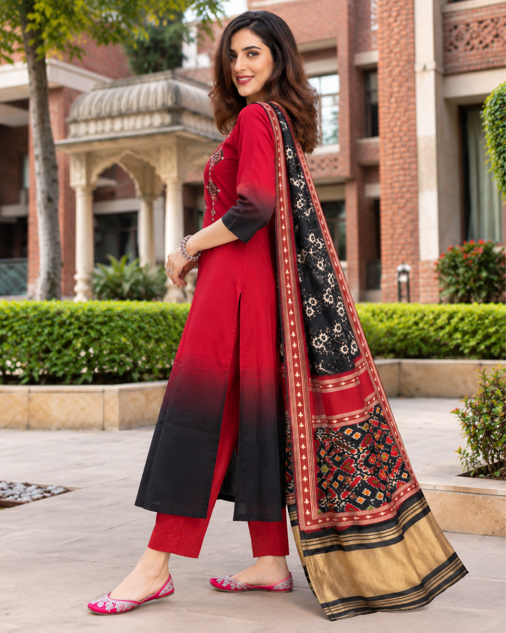 Crimson & Black Ombre Mirror Work Dress Set
