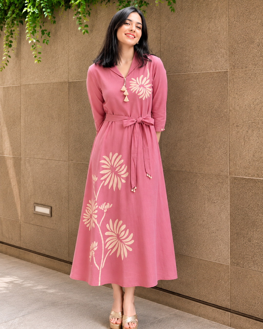 Blush Pink Floral Cotton Slub Dress
