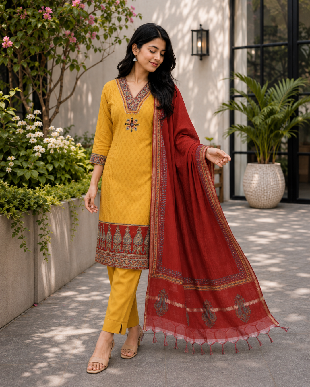 Mustard Hand-Embroidered South Cotton Suit