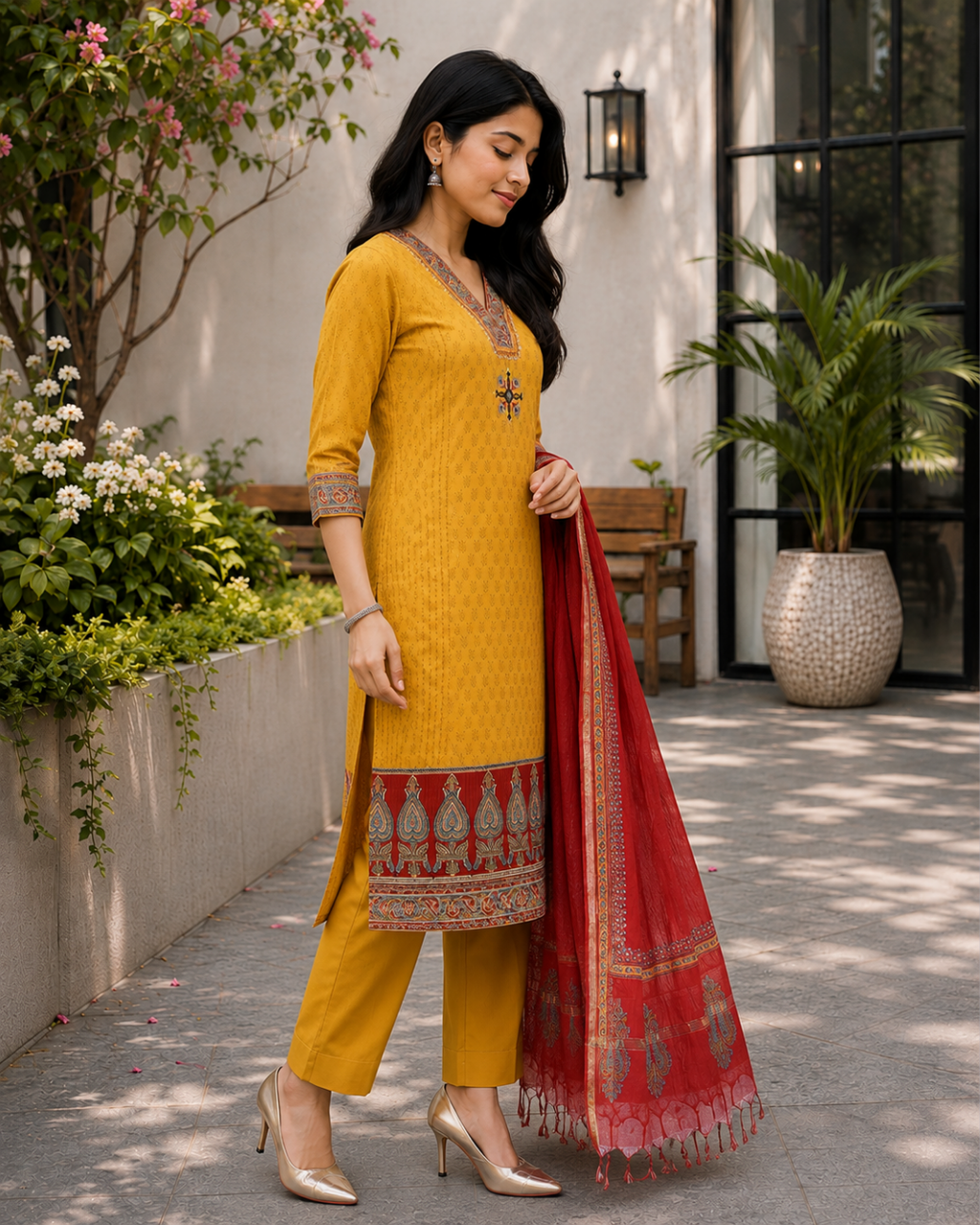 Mustard Hand-Embroidered South Cotton Suit