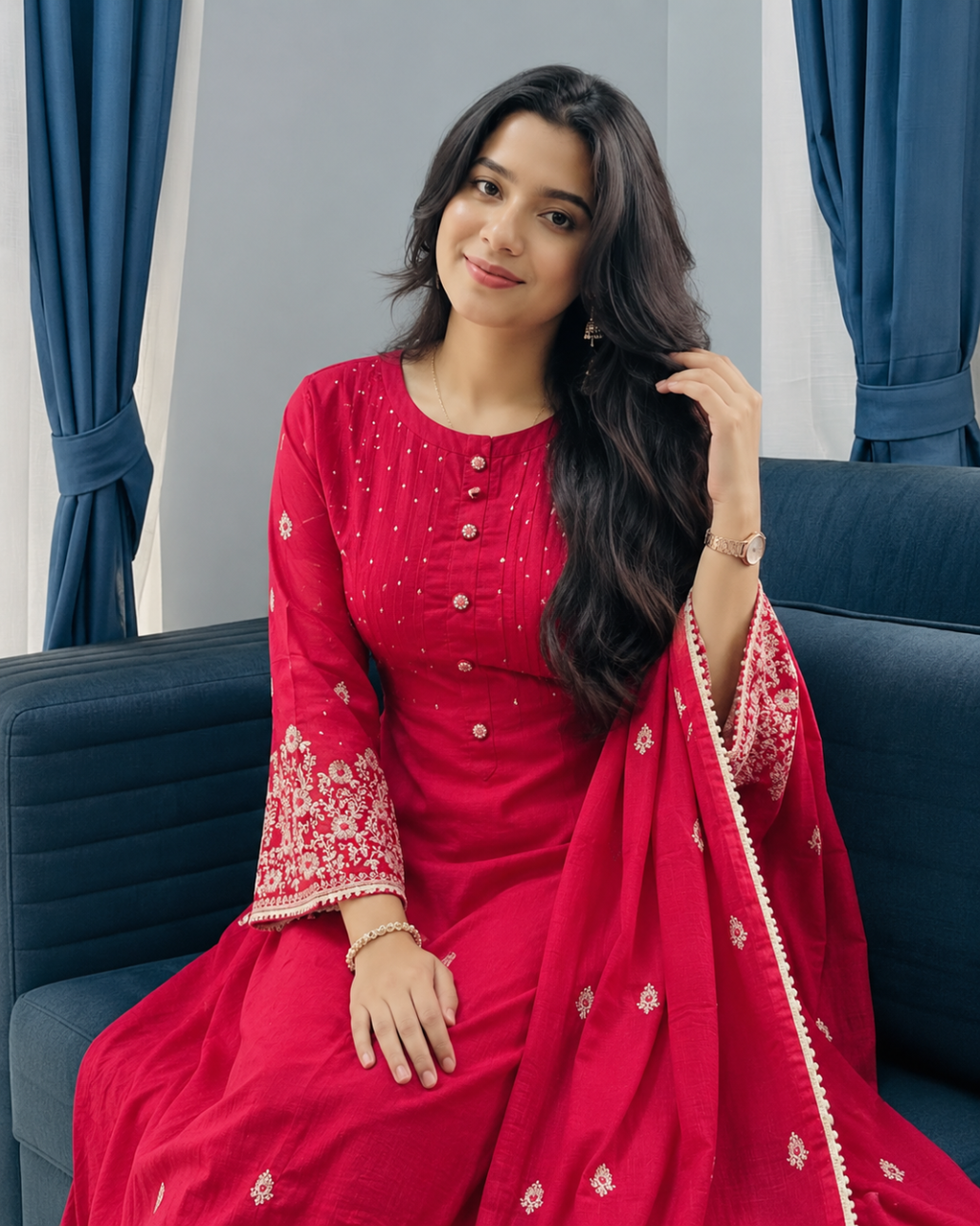 Hot Pink Heavy Embroidered Cotton Suit