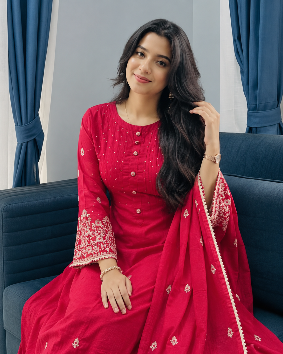 Hot Pink Heavy Embroidered Cotton Suit