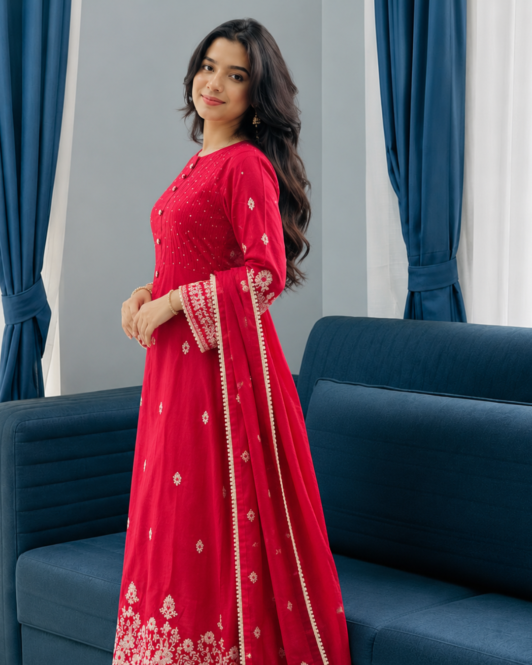 Hot Pink Heavy Embroidered Cotton Suit