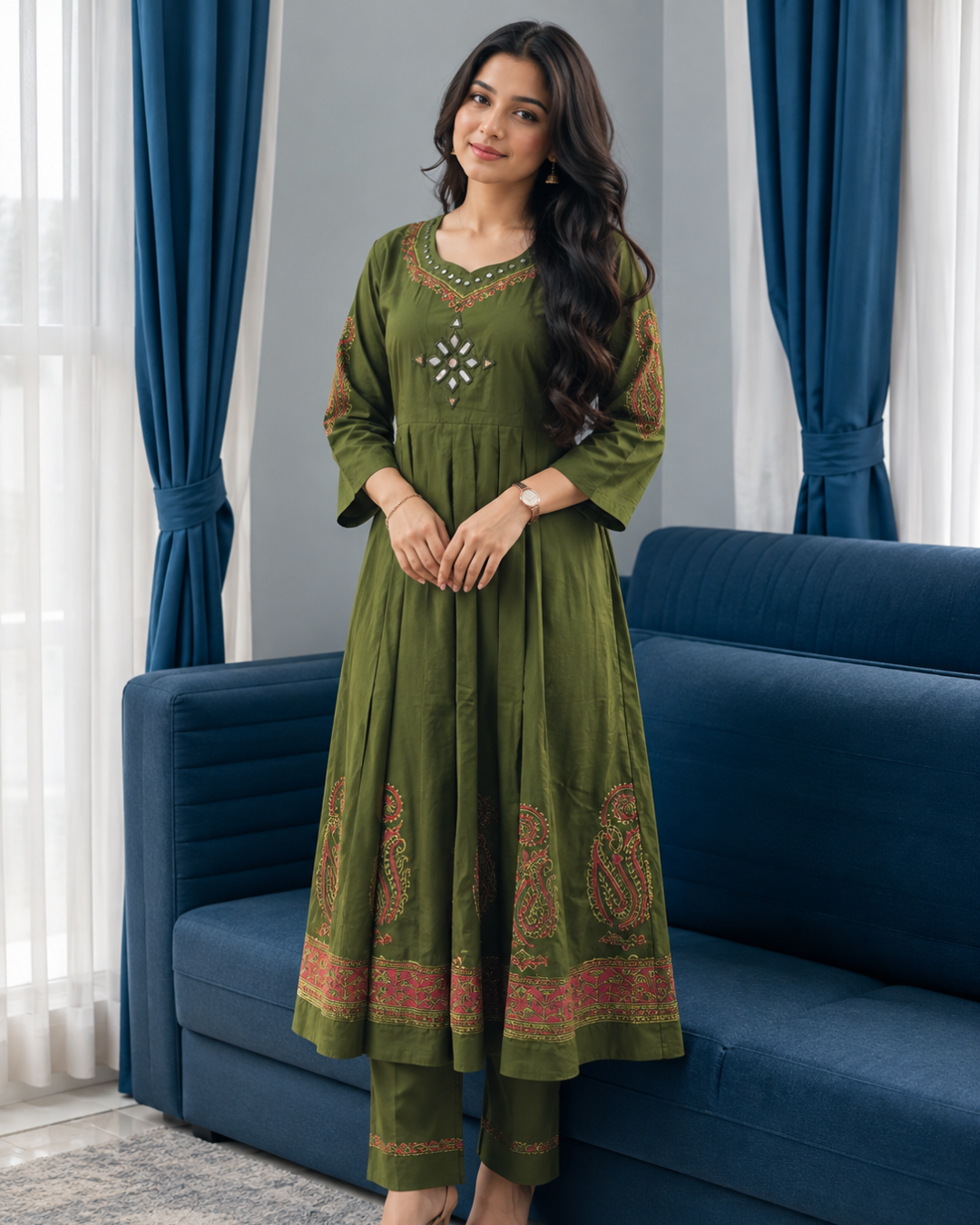 Olive Green Mirror Work Cotton Flared Co-ord Set