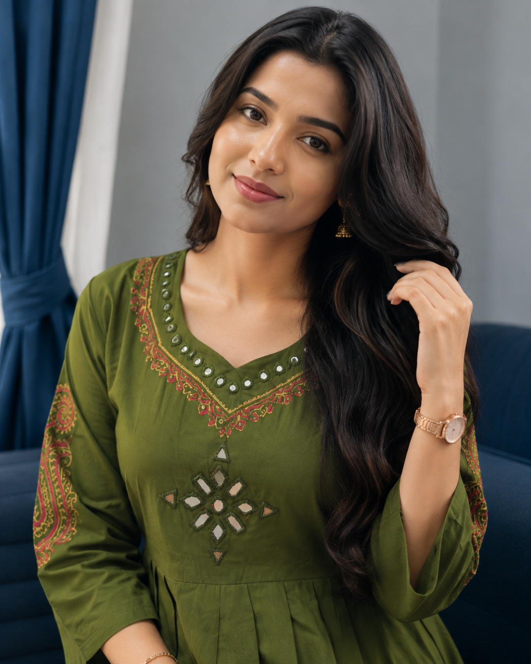 Olive Green Mirror Work Cotton Flared Co-ord Set