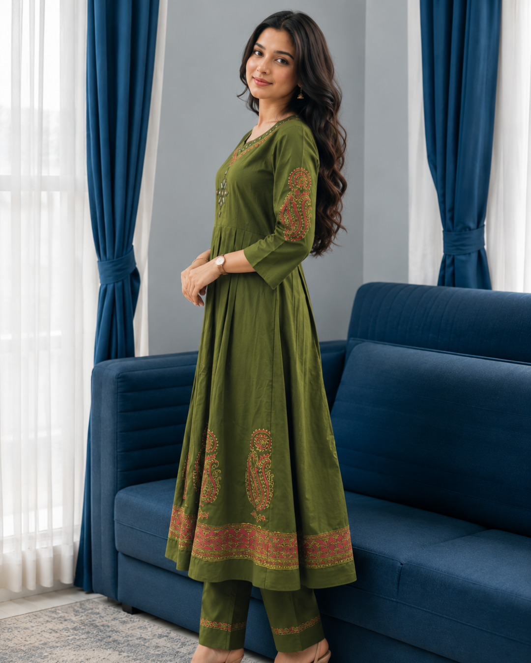 Olive Green Mirror Work Cotton Flared Co-ord Set