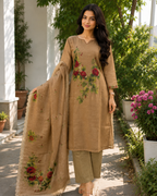 Fawn Brown Hand-Painted Floral Linen Suit