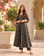 Midnight Black Gold Foil Print Anarkali Set