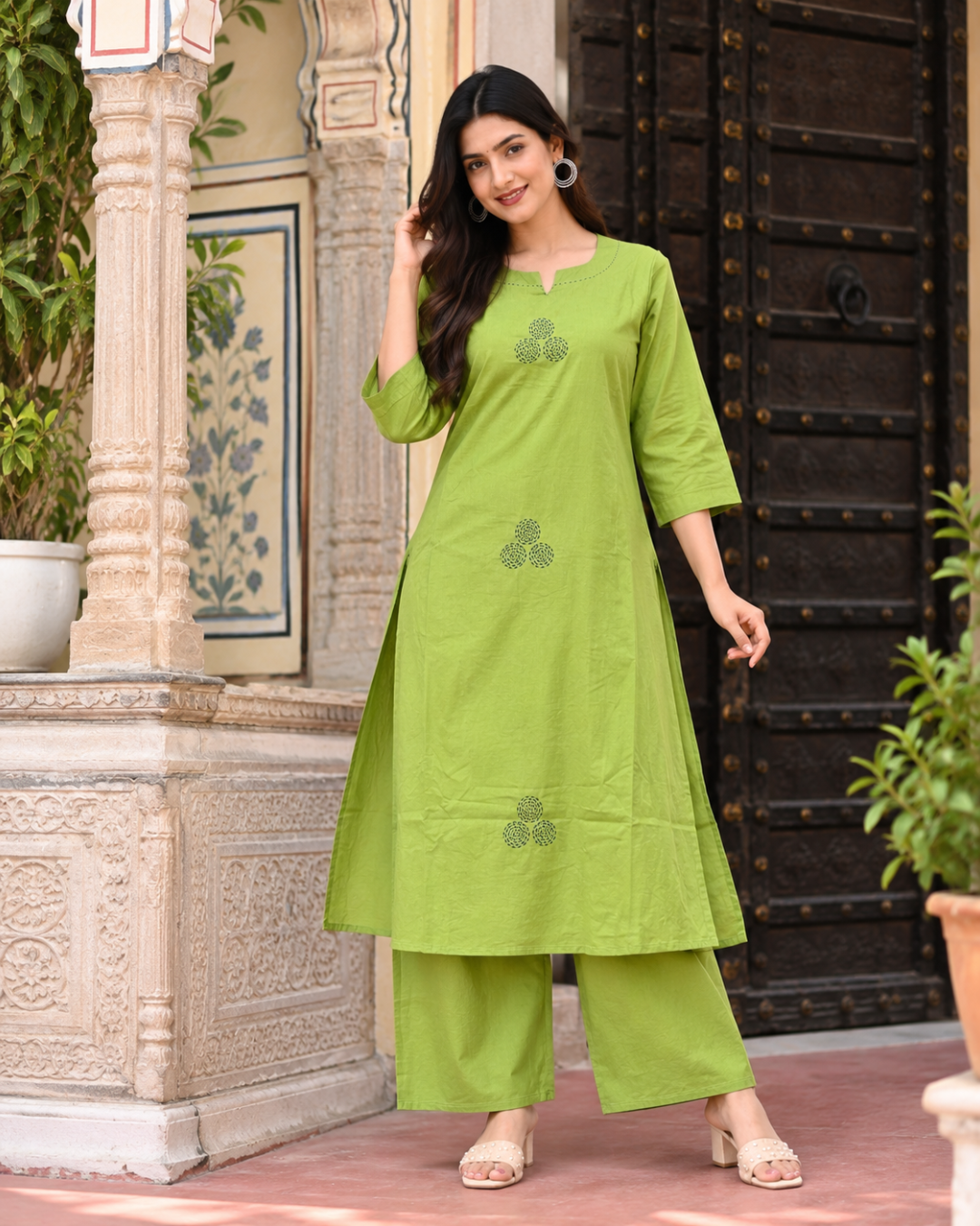 Parrot Green Floral Booti Dress Set