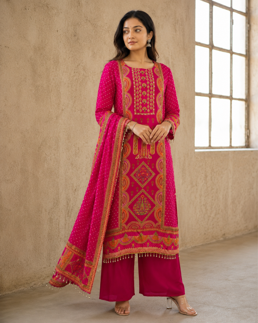 Magenta Pink Bandhani Print Pure Crepe Suit Set