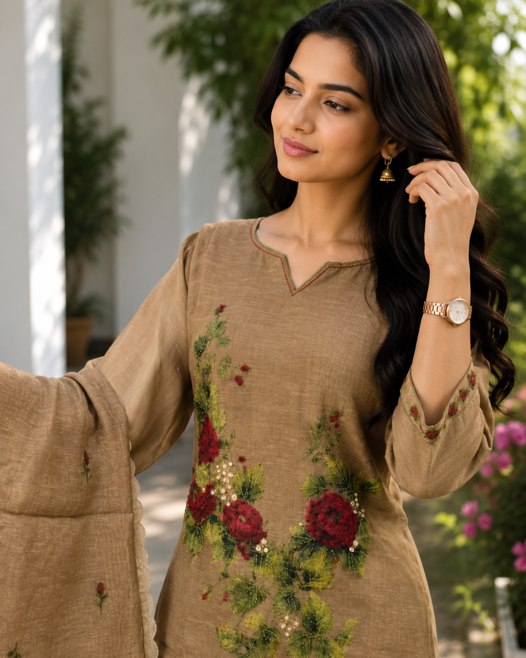 Fawn Brown Hand-Painted Floral Linen Suit