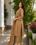 Fawn Brown Hand-Painted Floral Linen Suit