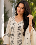 Ivory Floral Embroidered Jute Cotton Suit