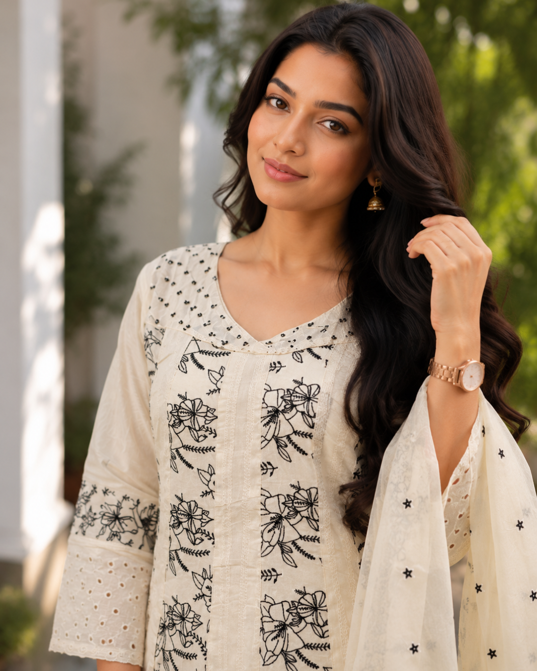 Ivory Floral Embroidered Jute Cotton Suit