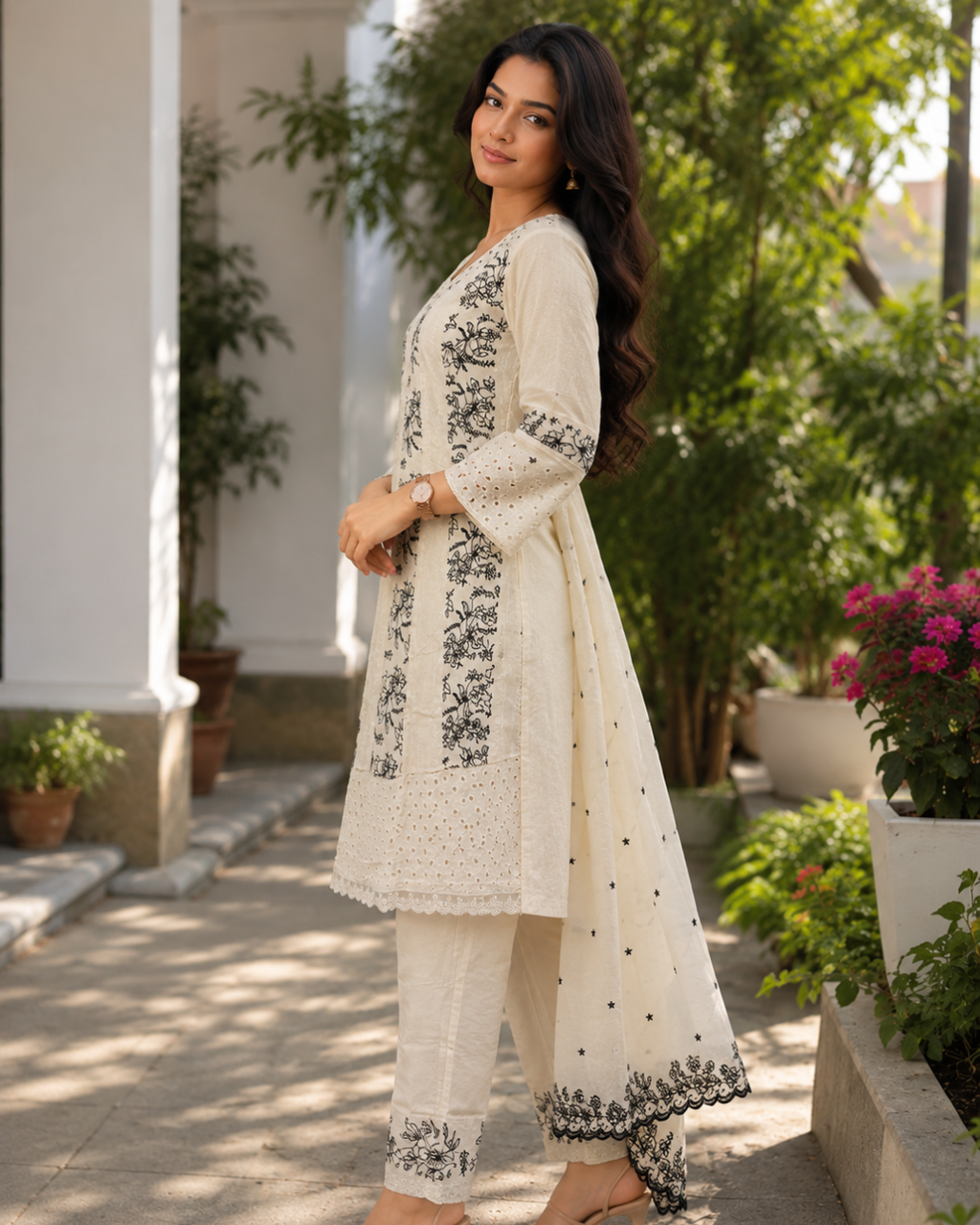 Ivory Floral Embroidered Jute Cotton Suit