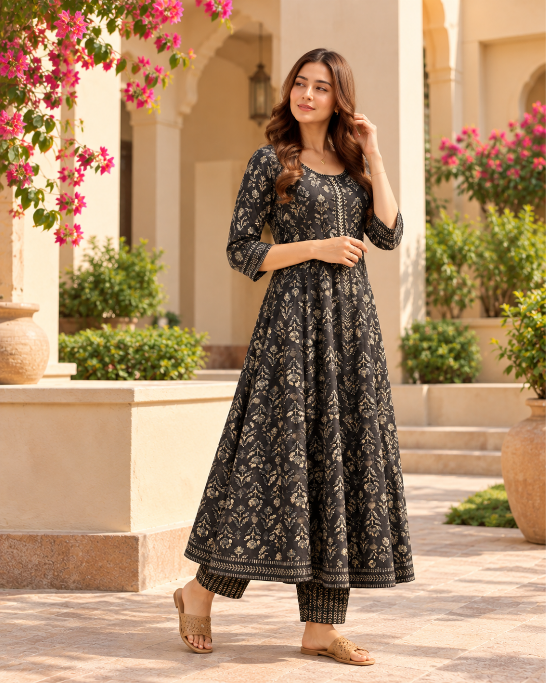 Midnight Black Gold Foil Print Anarkali Set