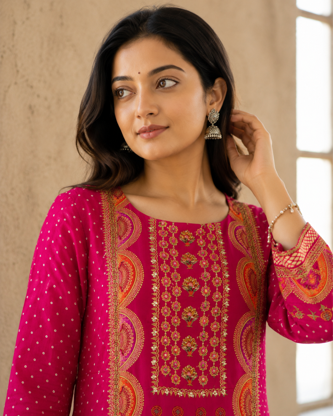 Magenta Pink Bandhani Print Pure Crepe Suit Set