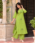 Parrot Green Floral Booti Dress Set