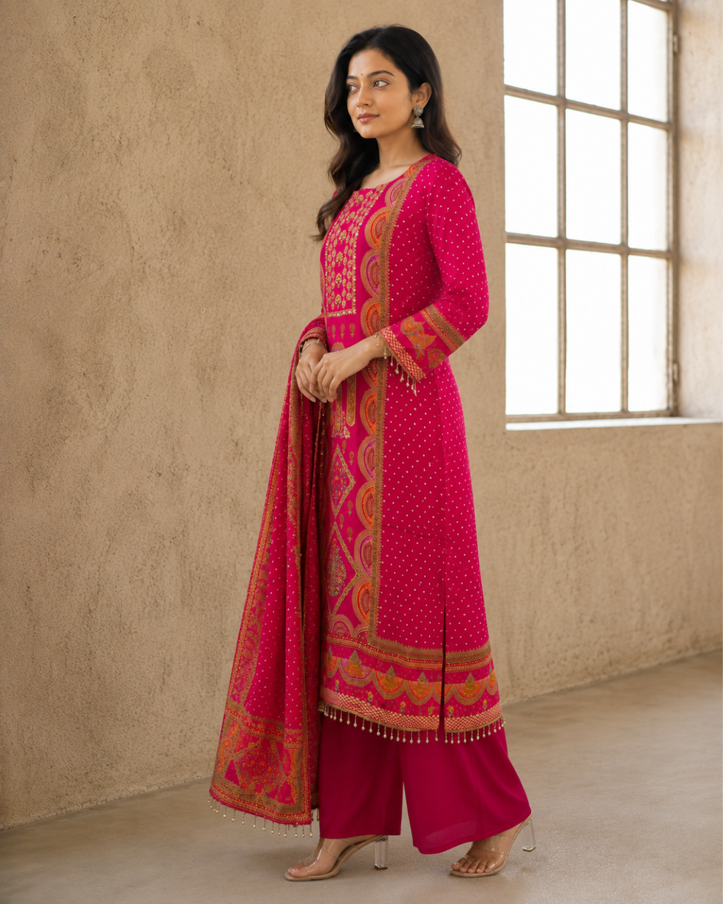Magenta Pink Bandhani Print Pure Crepe Suit Set